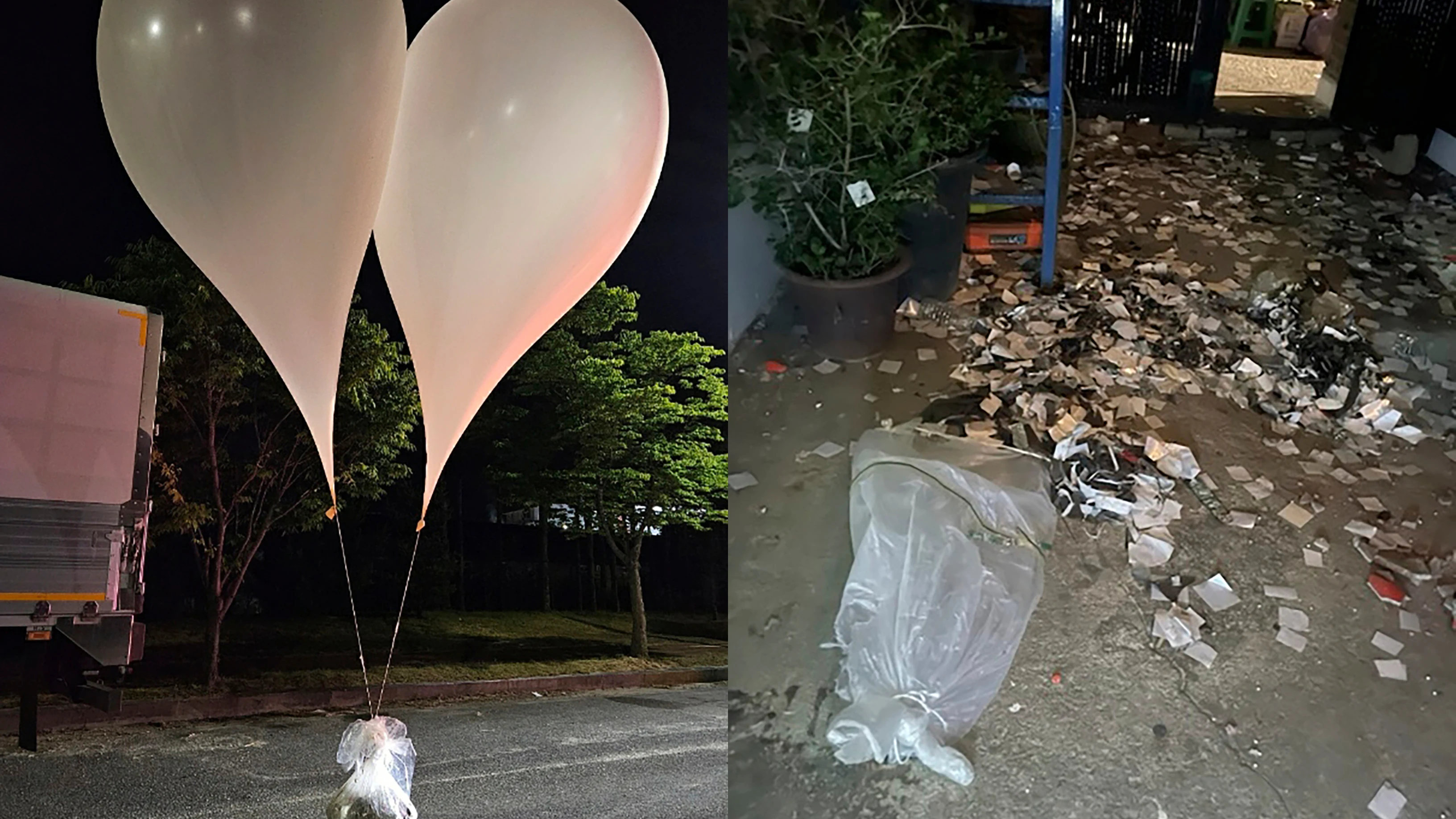Globos con basura y desperdicios enviados por Corea del Norte, en sendas fotos publicadas por el Gobierno surcoreano