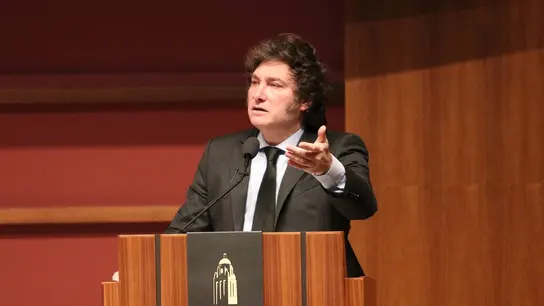 El presidente argentino, Javier Milei, durante una charla en California El presidente argentino, Javier Milei, durante una charla en California