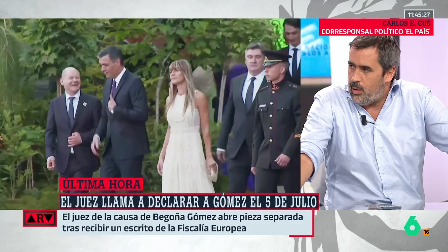 La pregunta de Carlos E. Cué tras llamar a declarar a Begoña Gómez el 5 de julio: "¿Con qué material quiere seguir el juez este caso? Porque no hay nada" La pregunta de Carlos E. Cué tras llamar a declarar a Begoña Gómez el 5 de julio: "¿Con qué material quiere seguir el juez este caso? Porque no hay nada"
