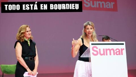 La l&iacute;der de Sumar, Yolanda D&iacute;az (d), junto a la cabeza de lista de Sumar para las elecciones europeas, Estrella Gal&aacute;n (i).