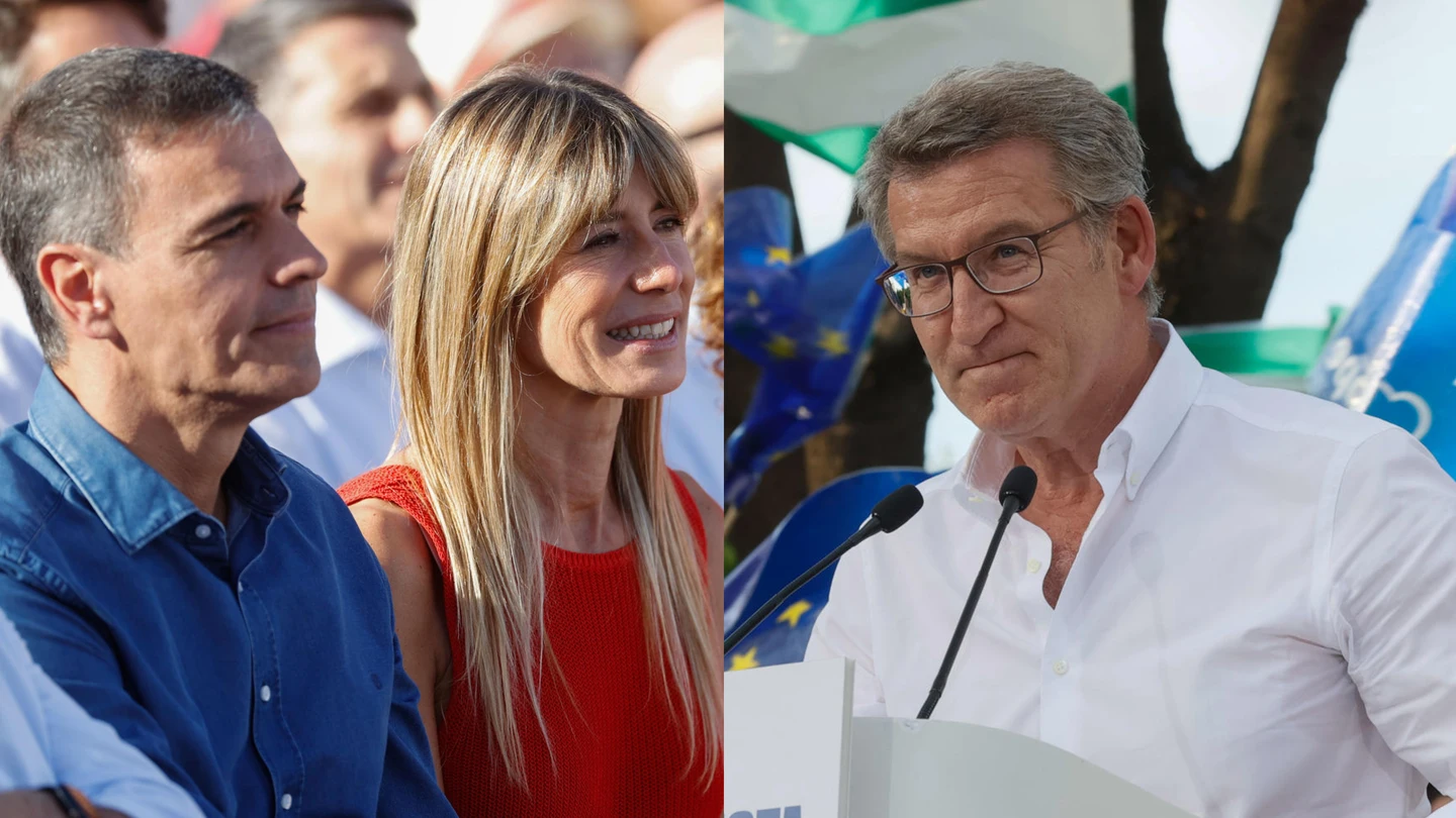 Pedro Sánchez y Begoña Gómez en un mitin en Benalmádena y Alberto Núñez Feijóo en un acto en Sevilla Pedro Sánchez y Begoña Gómez en un mitin en Benalmádena y Alberto Núñez Feijóo en un acto en Sevilla