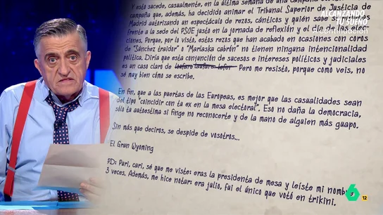 La carta a la ciudadanía de Wyoming sobre las decisiones del juez Peinado y el TSJM Wyoming analiza en este vídeo la citación a declarar a Begoña Gómez y la decisión del TSJM de permitir una concentración frente a la sede del PSOE la jornada de reflexión y el día de las elecciones al 'estilo Sánchez', con una carta a la ciudadanía.