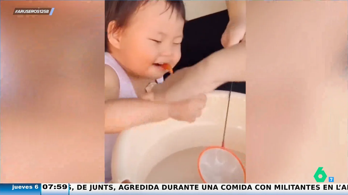 Un niño coge un pez cometa de la pecera para comérselo pero su madre consigue evitarlo Un niño coge un pez cometa de la pecera para comérselo pero su madre consigue evitarlo