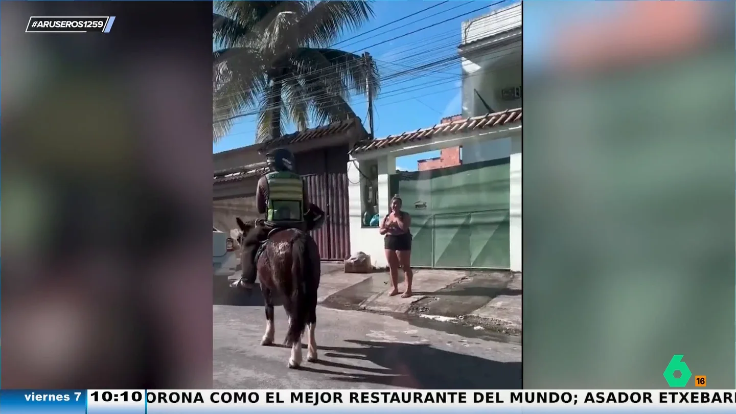 Una mujer pide comida a domicilio y para su sorpresa el repartidor aparece subido en un caballo Una mujer pide comida a domicilio y para su sorpresa el repartidor aparece subido en un caballo