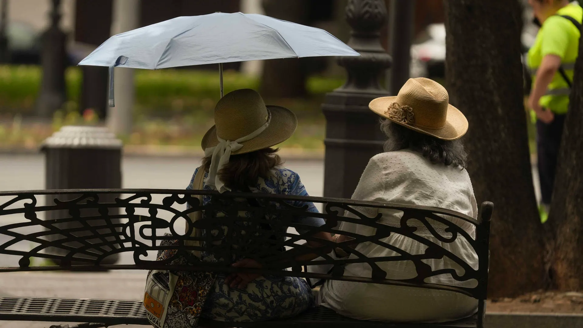 Dos personas con un paraguas en un banco