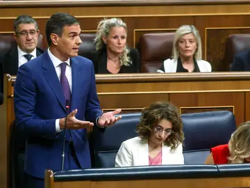 El presidente del Gobierno, Pedro Sánchez, durante su intervención en la sesión de control al Ejecutivo este miércoles en el Congreso. 