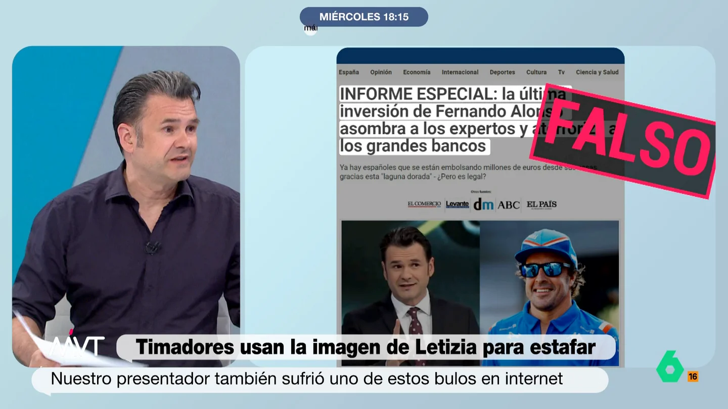 Iñaki López advierte sobre las plataformas fraudulentas que usan su imagen La imagen de la reina Letizia está siendo utilizada por una plataforma para estafar y Más Vale Tarde recuerda en este vídeo que Iñaki López ya fue víctima de este uso fraudulento de su imagen. El momento, y su recomendación, en este vídeo.