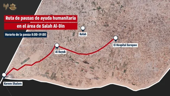 Imagen publicada por el ejército israelí con la ruta de ayuda humanitaria en la que se realizará "pausas tácticas" Imagen publicada por el ejército israelí con la ruta de ayuda humanitaria en la que se realizará "pausas tácticas"