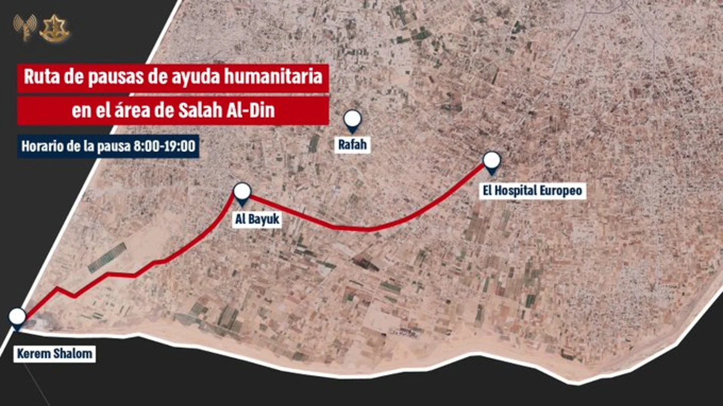 Imagen publicada por el ejército israelí con la ruta de ayuda humanitaria en la que se realizará "pausas tácticas" Imagen publicada por el ejército israelí con la ruta de ayuda humanitaria en la que se realizará "pausas tácticas"