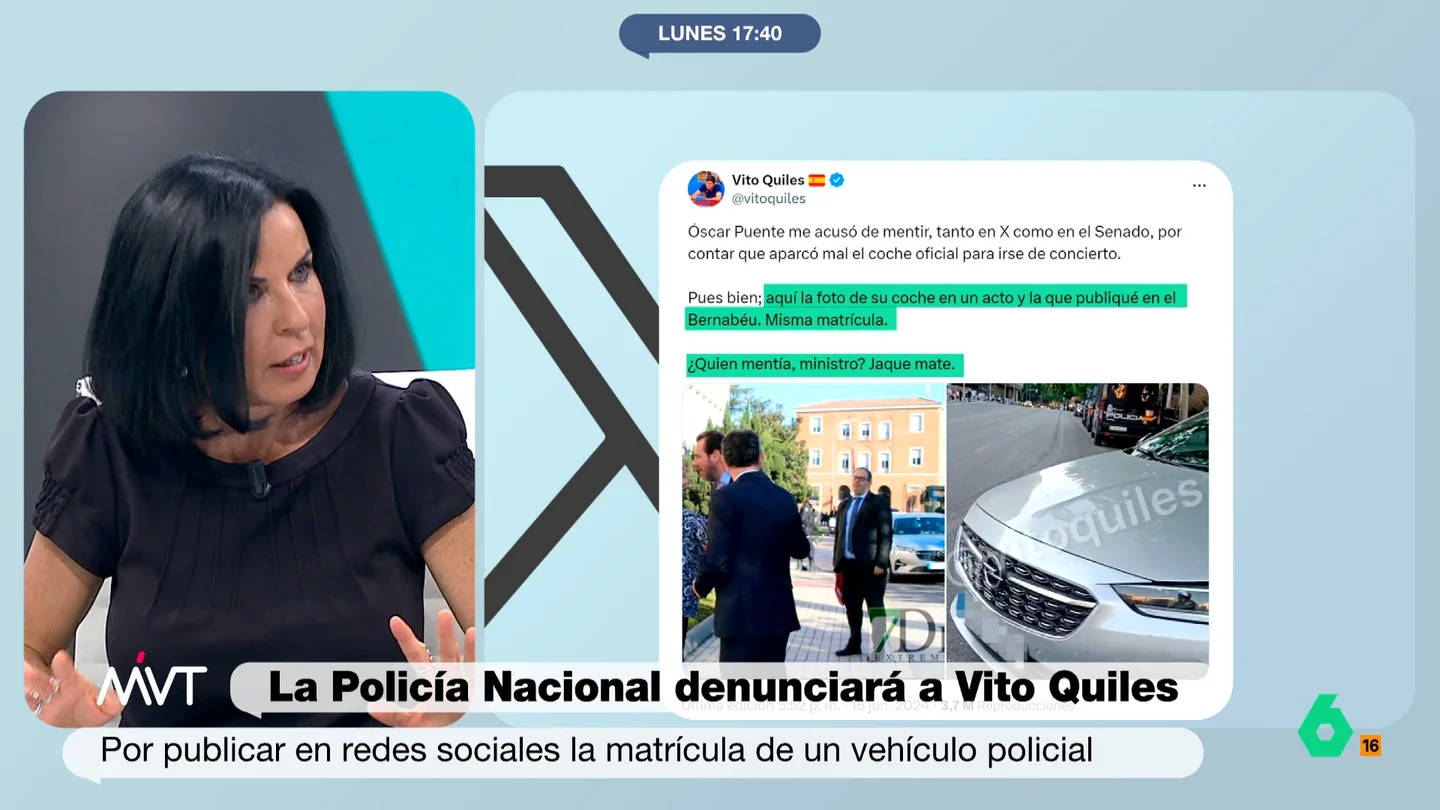 ¿Es delito difundir la matrícula de un coche oficial? ¿Y llamar a alguien "saco de mierda"? La respuesta de Beatriz de Vicente Mientras Vito Quiles difundía la matrícula de un vehículo oficial, Óscar Puente le respondía llamándole "saco de mierda". Bea de Vicente analiza el cruce de denuncias tras este enfrentamiento en redes en este vídeo de Más Vale Tarde.