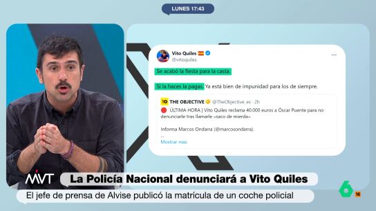 "Me alucina que la noticia sea la respuesta del ministro a un tipo que ha hecho la foto de un veh&iacute;culo policial", afirma rotundo en este v&iacute;deo Ram&oacute;n Espinar sobre el enfrentamiento en 'X' entre Vito Quiles y &Oacute;scar Puente.