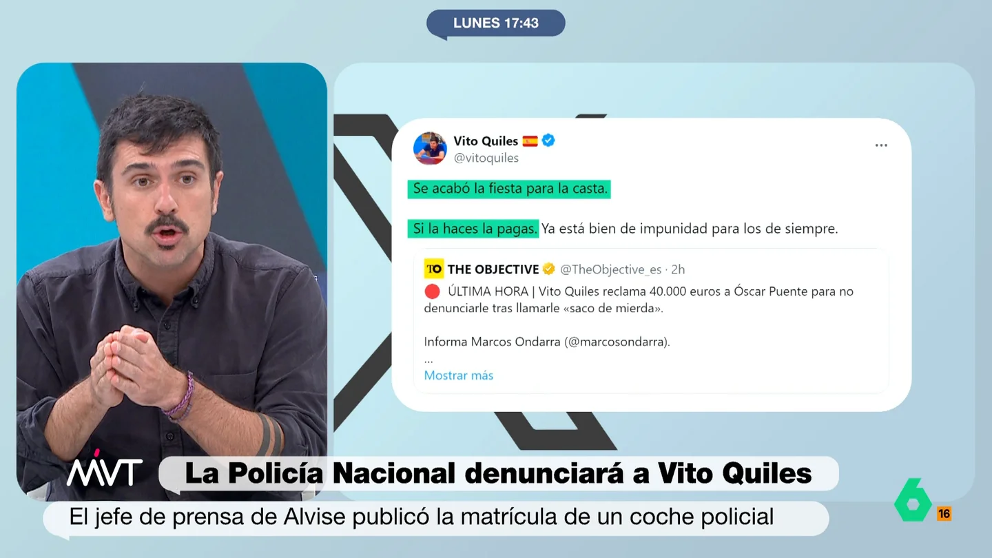 Ramón Espinar advierte sobre Vito Quiles "Me alucina que la noticia sea la respuesta del ministro a un tipo que ha hecho la foto de un vehículo policial", afirma rotundo en este vídeo Ramón Espinar sobre el enfrentamiento en 'X' entre Vito Quiles y Óscar Puente.