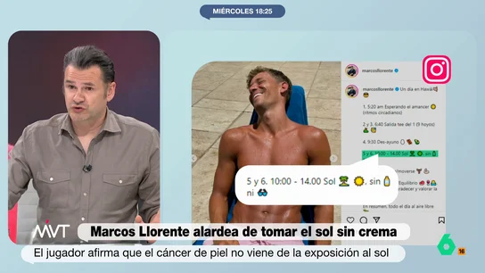 Iñaki López, tras ver a Marcos Llorente tomando el sol sin protección Marcos Llorente ha publicado su rutina de vacaciones, que consiste en tomar el sol durante horas sin crema de protección y asegura que el sol en ningún caso es la causa del cáncer de piel. La reacción de Iñaki López, en este vídeo de Más Vale Tarde.