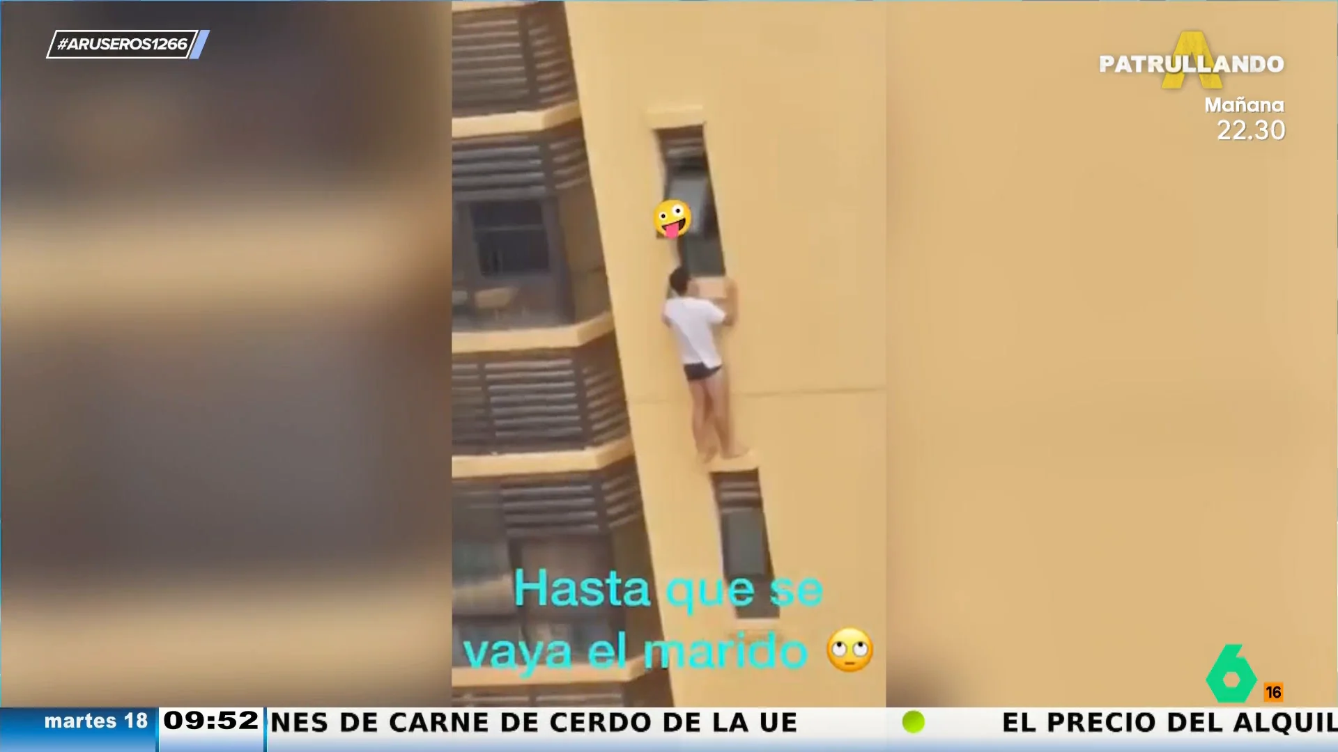 Un amante se cuelga de la ventana de un edificio de 20 pisos para no ser pillado por el marido y el vecino lo graba