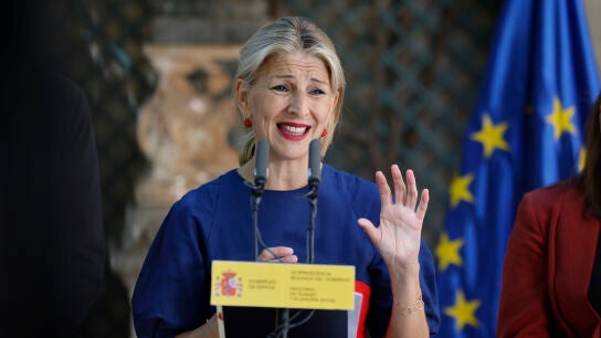 La vicepresidenta segunda y ministra de Trabajo, Yolanda D&iacute;az, presenta el 'Plan Estival 2024 de la Inspecci&oacute;n de Trabajo y Seguridad Social', este viernes en el Palacio de Zurbano.