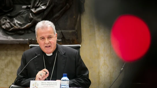 El arzobispo de Burgos, Mario Iceta, durante la rueda de prensa de este lunes. El arzobispo de Burgos, Mario Iceta, durante la rueda de prensa de este lunes.