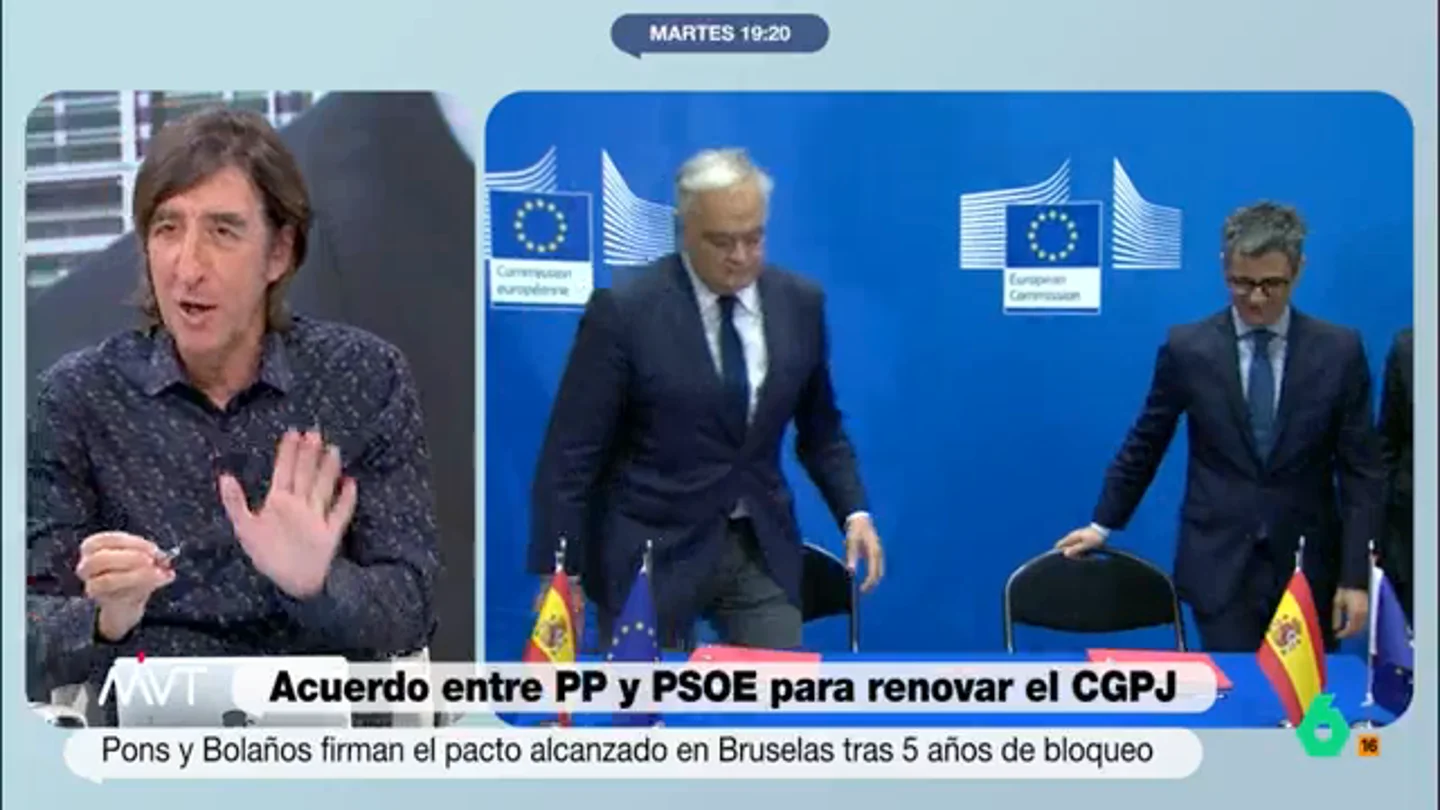 Benjamín Prado valora el acuerdo entre PP y PSOE sobre el CGPJ: "Yo cambio el verbo renovar por repartir" "De momento nos lo hemos repartido, 10 para cada uno, a partir de ahora ya veremos si lo renovamos", afirma Benjamín Prado, que en este vídeo de Más Vale Tarde analiza el acuerdo alcanzado entre el PP y el PSOE en Bruselas.