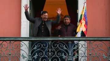 The president of Bolivia Luis Arce greets supporters with the vice president of Bolivia David Choquehuanca in Plaza Murillo The president of Bolivia Luis Arce greets supporters with the vice president of Bolivia David Choquehuanca in Plaza Murillo