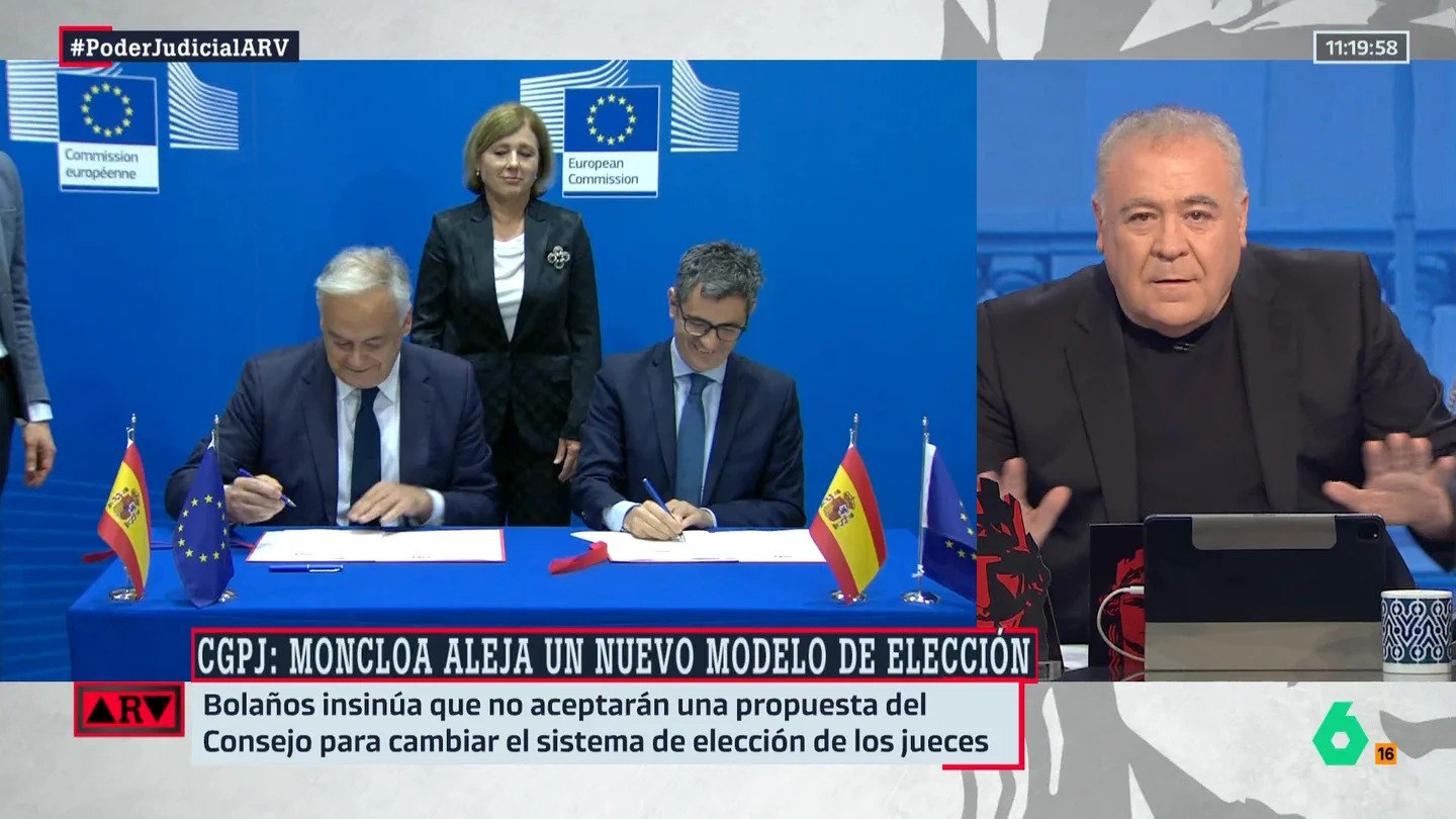 Ferreras ve "surrealista" que Bruselas tuviera que supervisar el pacto PP-PSOE sobre el CGPJ: "Esperpéntico" Ferreras ve "surrealista" que Bruselas tuviera que supervisar el pacto PP-PSOE sobre el CGPJ: "Esperpéntico"