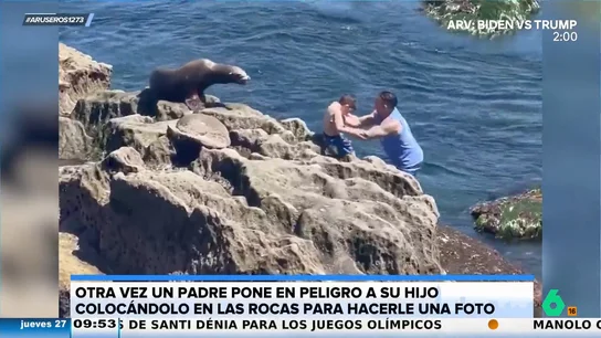 El acto irresponsable de un padre que pone en peligro a su hijo por una foto cerca de un león marino en el mar El acto irresponsable de un padre que pone en peligro a su hijo por una foto cerca de un león marino en el mar