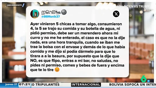 Una camarera se queja de una mujer que entra a su bar, saca el túper, come y cuando acaba pide que se lo tire Una camarera se queja de una mujer que entra a su bar, saca el túper, come y cuando acaba pide que se lo tire