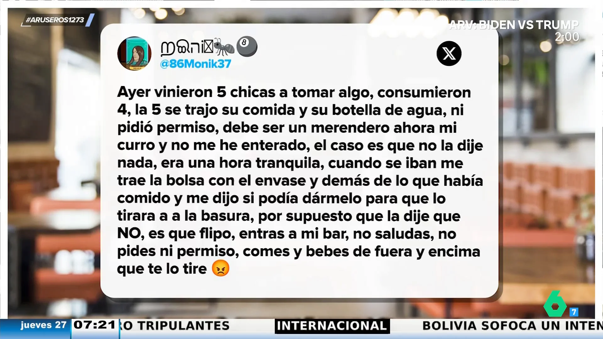 Una camarera se queja de una mujer que entra a su bar, saca el túper, come y cuando acaba pide que se lo tire