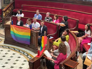 La oposición en el Ayuntamiento de Valencia despliega banderas LGTBIQ+ durante el Pleno de este viernes.