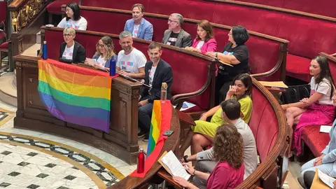 La oposición en el Ayuntamiento de Valencia despliega banderas LGTBIQ+ durante el Pleno de este viernes.