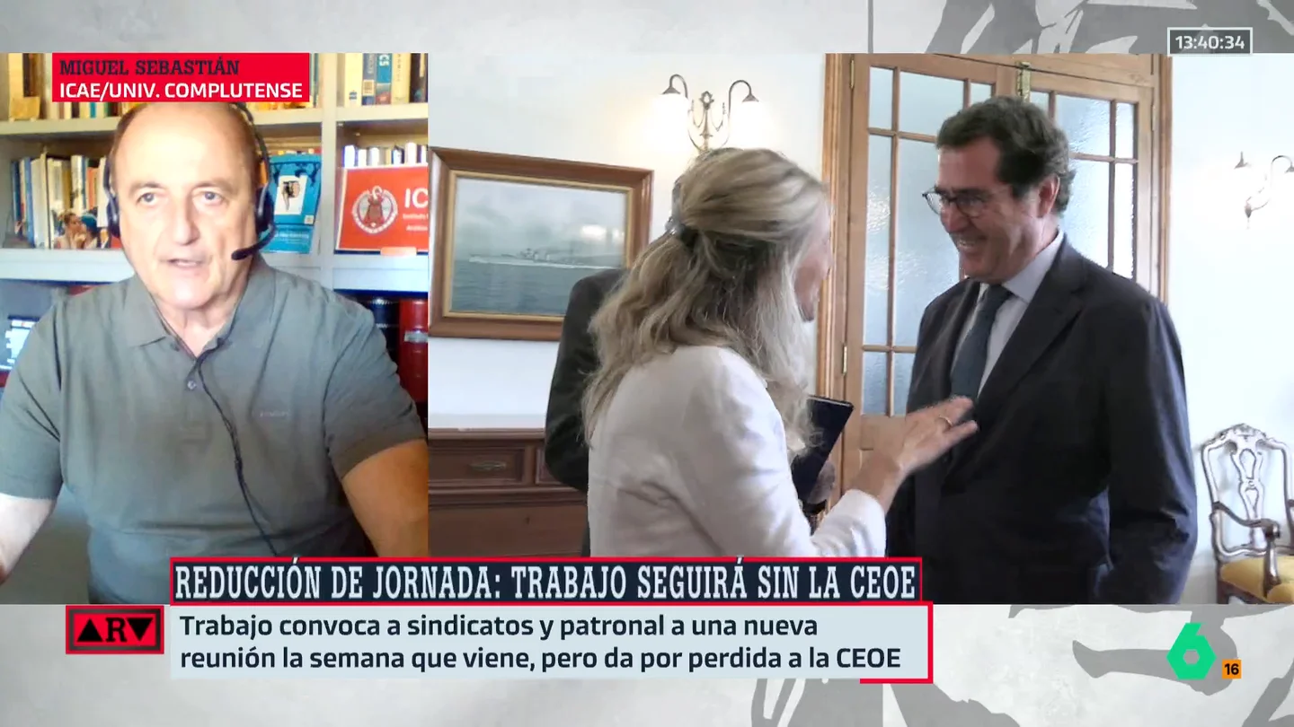 Miguel Sebastián asegura que no reducir la jornada laboral sería ir contra la historia: "No entiendo que la patronal se niegue a negociar" Miguel Sebastián asegura que no reducir la jornada laboral sería ir contra la historia: "No entiendo que la patronal se niegue a negociar"