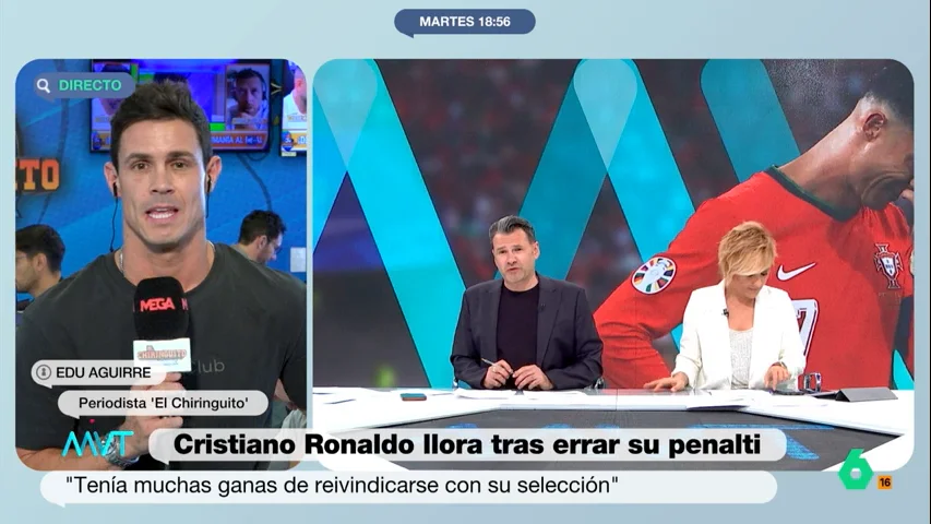 Edu Aguirre analiza en Más Vale Tarde la imagen de Cristiano Ronaldo llorando tras fallar el penalti con su selección en la Eurocopa y mantiene un divertido tira y afloja con Iñaki López. El momento, en este vídeo.