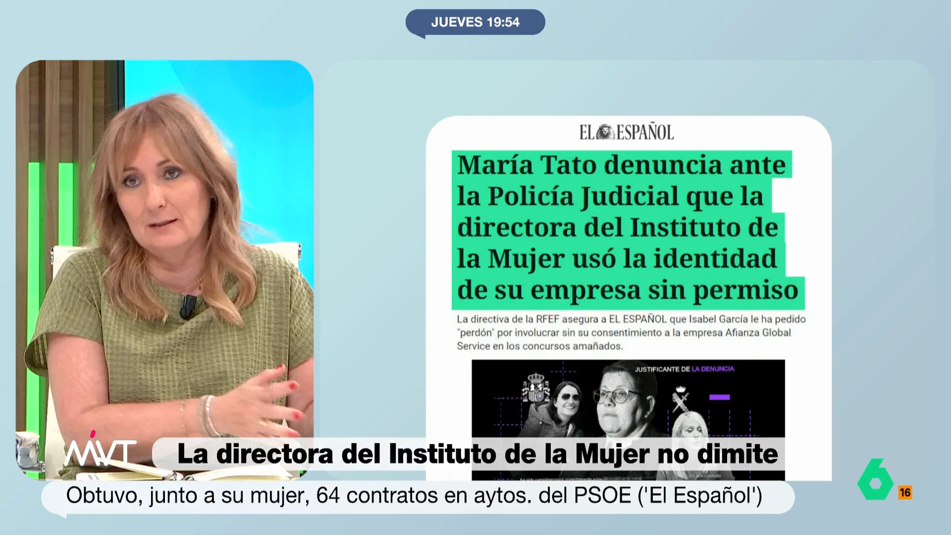 "64 contratos que han caído a tu pareja en una empresa de la que tú participabas, que sea compatible con la legislación actual, habrá que cambiar la legislación, como poco", afirma rotunda Mayte Alcaraz sobre la directora del Instituto de la Mujer.