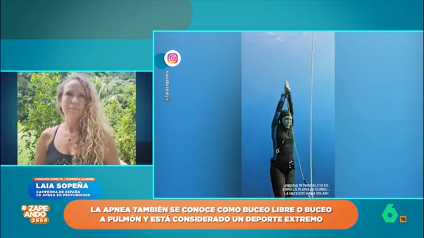 La campeona de España de apnea Laia Sopeña explica los peligros que entraña "Qué curioso que hayamos coincidido la mujer más profunda de España y el hombre más superficial", comenta irónicamente Dani Mateo a Laia Sopeña, apneísta de élite que en este vídeo explica los detalles de este espectacular deporte.