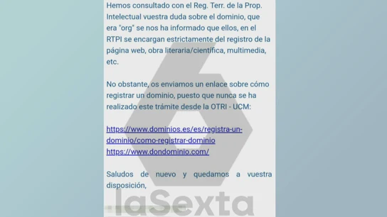 Extracto 2 del correo que envió la Oficina de Patentes de la Complutense a Begoña Gómez Extracto 2 del correo que envió la Oficina de Patentes de la Complutense a Begoña Gómez