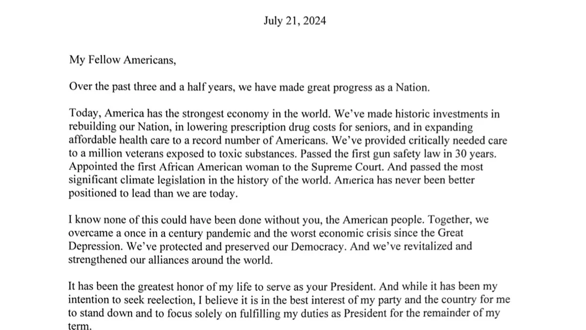 This is Joe Biden’s full letter announcing his withdrawal from the US presidential race This is Joe Biden’s full letter announcing his withdrawal from the US presidential race