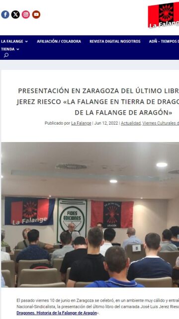 Captura de pantalla de la web de la Falange donde se ve a Ramón Grau Morancho en un acto falangista