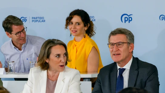 El presidente del PP Alberto Nuñez Feijóo, y la portavoz del PP Cuca Gamarra, este lunes durante la reunión de los barones territoriales El presidente del PP Alberto Nuñez Feijóo, y la portavoz del PP Cuca Gamarra, este lunes durante la reunión de los barones territoriales/ EFE/ Zipi Aragón