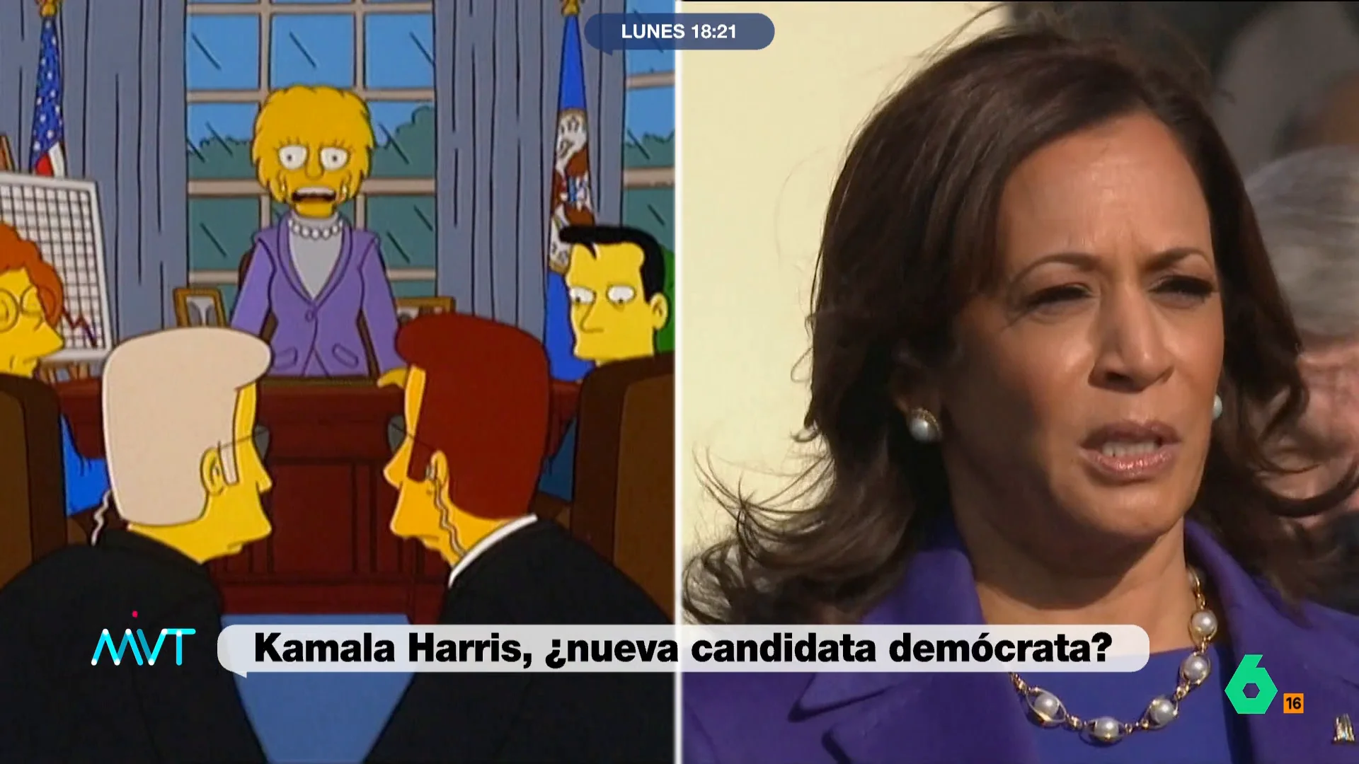 María Lamela analiza en Más Vale Tarde la trayectoria política de Kamala Harris, principal candidata a relevar a Joe Biden en la candidatura demócrata a la Casa Blanca, y en este vídeo desvela un curioso detalle que 'Los Simpson' ya predijeron.