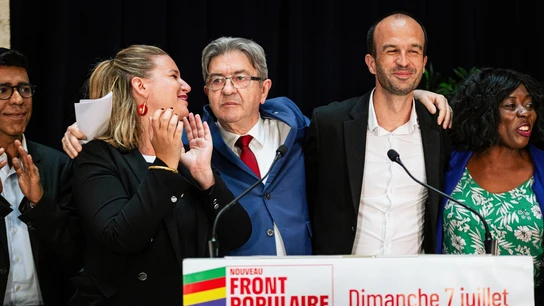 Mathilde Panot, Manuel Bompard, Jean-Luc Melenchon y Daniele Obono. Mathilde Panot, Manuel Bompard, Jean-Luc Melenchon y Daniele Obono.