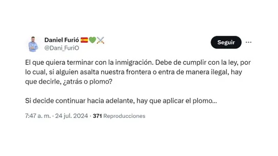Texto en 'X' de Daniel Furió sobre la migración irregular Texto en 'X' de Daniel Furió sobre la migración irregular
