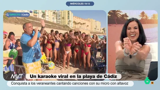 Beatriz de Vicente y Marina Valdés lo dan todo con el karaoke viral de Cádiz: así bailan 'Que la detengan' Más Vale Tarde contacta con David, un hombre que con un altavoz y un teléfono móvil ha montado un karaoke viral a pie de la playa de Cádiz. En este vídeo, dedica una canción a Beatriz de Vicente que en plató no duda en bailar.