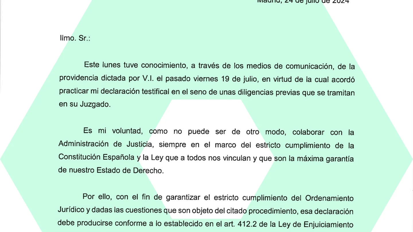 Escrito del presidente del Gobierno, Pedro Sánchez, al juez Juan Carlos Peinado. Escrito del presidente del Gobierno, Pedro Sánchez, al juez Juan Carlos Peinado.