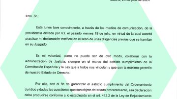 Escrito del presidente del Gobierno, Pedro Sánchez, al juez Juan Carlos Peinado.