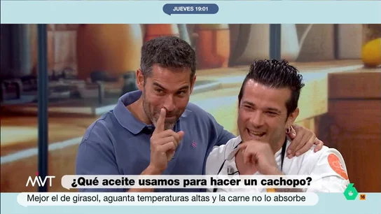 El 'pique' entre Pablo Ojeda y Carlos Maldonado por el cachopo "Yo no he venido a este programa para que se me boicotee continuamente, yo cojo y me voy", comenta en este vídeo Pablo Ojeda con humor al confrontar su versión más 'light' del cachopo con la tradicional del chef Carlos Maldonado.