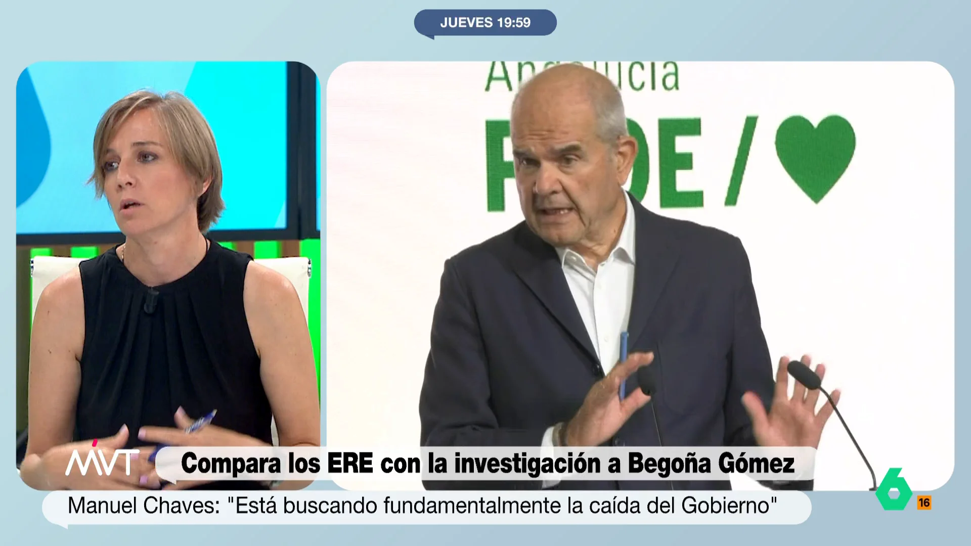 "El caso de Begoña Gómez me recuerda mucho a la instrucción de los eres", afirmaba en una entrevista Manuel Chaves. La respuesta de Mayte Alcaraz y Tania Sánchez a la comparación del expresidente de la Junta de Andalucía, en este vídeo.