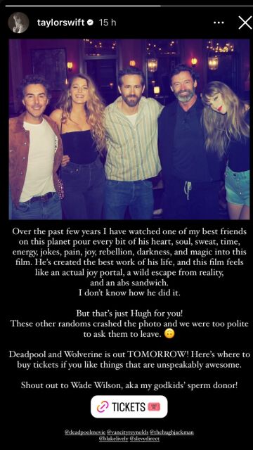 La estrella del pop junto a Blake Lively, Ryan Reynolds, Hugh Jackman y Shawn Levy, el director de la película. 