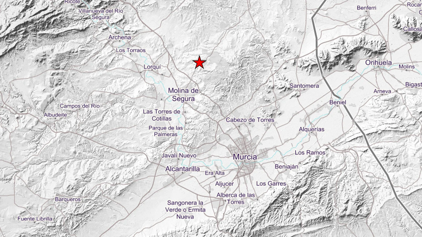 Un terremoto de 2,5 grados sacude Molina de Segura (Murcia) en pleno día. Mapa del IGN que muestra el epicentro del terremoto de Molina de Segura (Murcia).