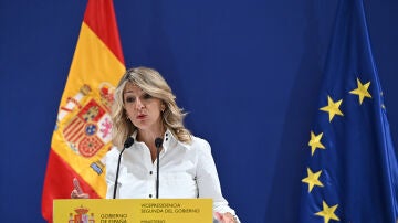 La vicepresidenta segunda y ministra de Trabajo, Yolanda Díaz, en una rueda de prensa el lunes 29 de julio