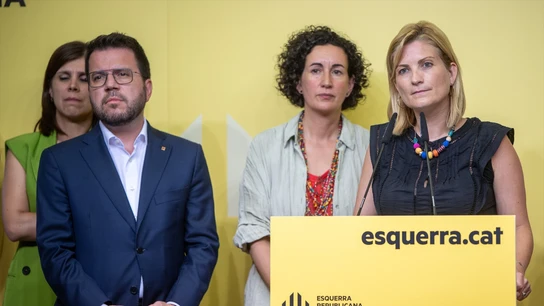 La portavoz de ERC, Raquel Sans, durante la rueda de prensa en la sede de ERC La portavoz de ERC, Raquel Sans, durante la rueda de prensa en la sede de ERC