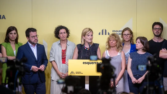 La portavoz de ERC, Raquel Sans, durante una rueda de prensa, en la sede de ERC La portavoz de ERC, Raquel Sans, durante una rueda de prensa, en la sede de ERC