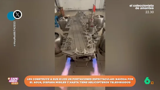 Así es el impresionante juguete que ha fabricado un hombre para sus hijos: su propio portaviones El juguete tiene aviones que despegan, dispara cohetes, tiene helicópteros teledirigidos e incluso navega por el mar. ¿Dejará el padre jugar a sus hijos con él?
